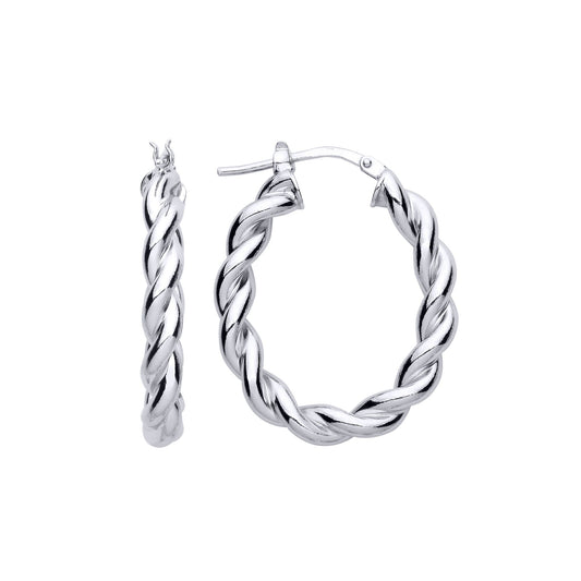 Sterling Silver Plaited Chunky Twist Oval Hoop Earrings 24mm 4mm - ER146