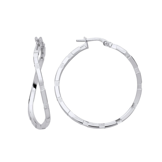 925 Sterling Silver Diamond-cut Brick Road Wavy Hoop Earrings - ER157