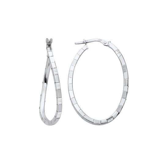 Sterling Silver Diamond-cut Brick Road Wavy Oval Hoop Earrings - ER158
