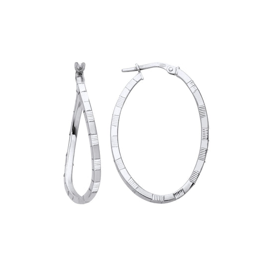 Sterling Silver Diamond-cut Brick Road Wavy Oval Hoop Earrings - ER158