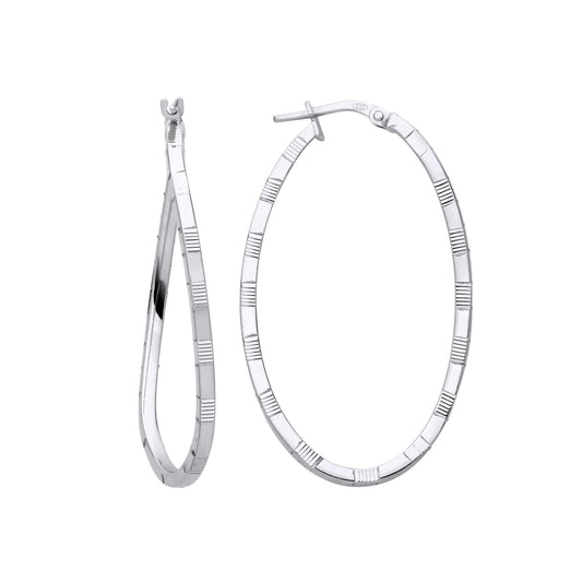 Sterling Silver Diamond-cut Brick Road Wavy Oval Hoop Earrings - ER159