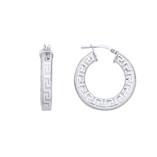 Silver Greek Key Mesh Flat Hoop Creole Earrings 24mm 4mm - ER165