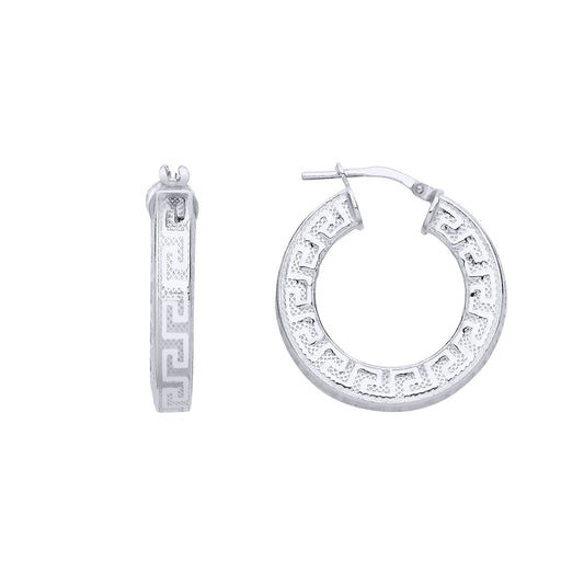 Silver Greek Key Mesh Flat Hoop Creole Earrings 24mm 4mm - ER165