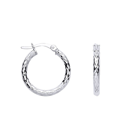 Silver Diamond-cut Criss Cross Round Hoop Creole Earrings - ER183
