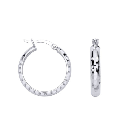 Silver Diamon-cut Faceted Round Hoop D-Shape Creole Earrings - ER186