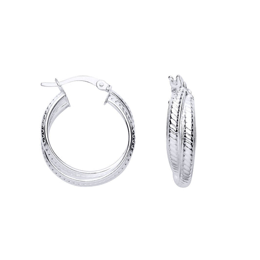 Silver Ribbed Scroll Double Hoop Creole Earrings - ER188