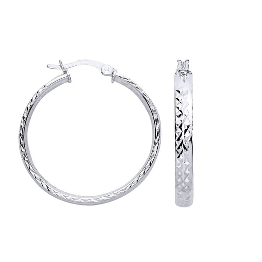 Silver Diamond-cut Criss Cross Round Hoop Creole Earrings - ER192