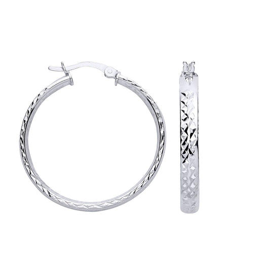 Silver Diamond-cut Criss Cross Round Hoop Creole Earrings - ER192