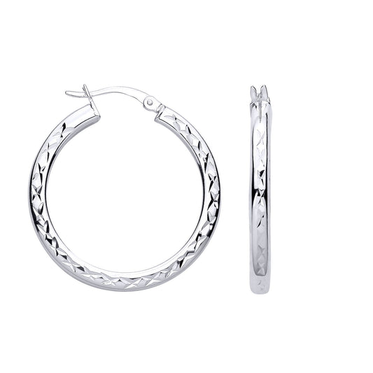 Silver Diamond-cut Criss Cross Round Hoop Creole Earrings - ER194