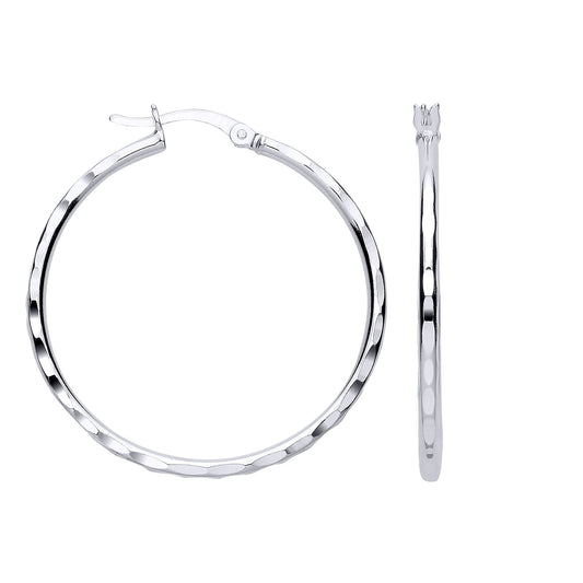 Silver Curved Faceted Round Hoop Creole Earrings - ER196