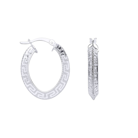Silver Knife Edge Greek Eye Flat Oval Hoop Creole Earrings - ER199