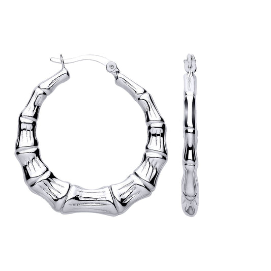 Silver Textured Bamboo Round Hoop Creole Earrings - ER205