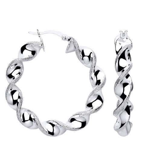 Silver Moondust Edge Candy Ribbon Twist Hoop Earrings - ER206