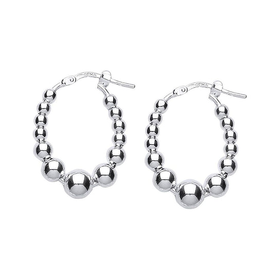Silver Oval Graduated Bead Hoop Earrings 19mm 6mm - ER42
