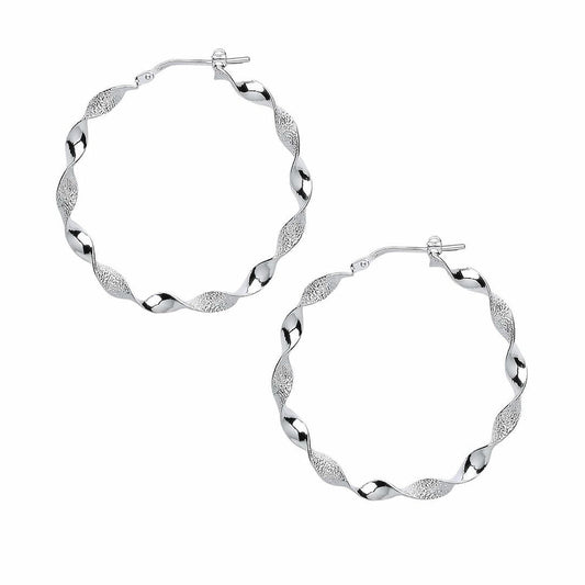 Silver Frosted Candy Twist Hoop Earrings 35mm 3mm - ER62
