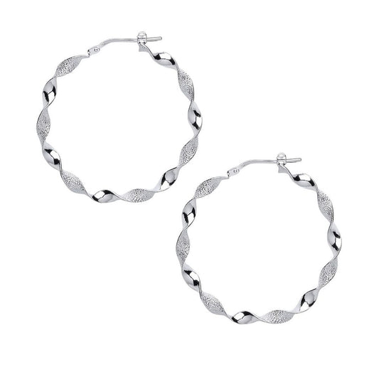 Silver Frosted Candy Twist Hoop Earrings 35mm 3mm - ER62