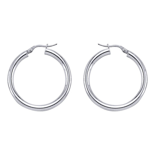 Silver Round Tube Polished Hoop Earrings 30mm - ER7