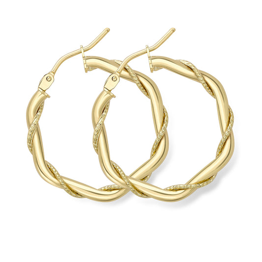 9ct Gold Rope Entwined Twist Hexagon Honeycomb Hoop Earrings 2mm - ERNR02323
