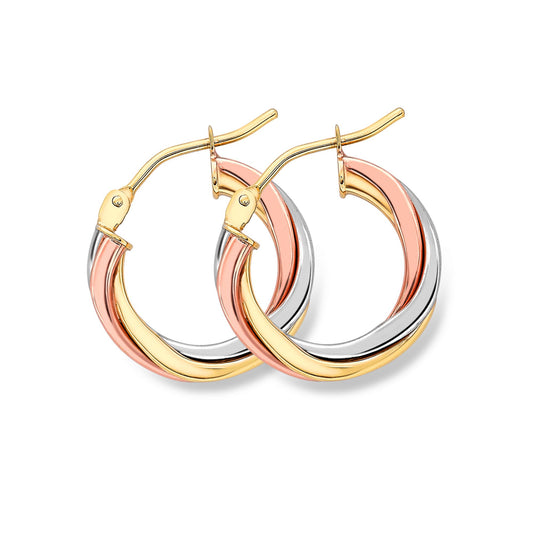 9ct 3 Colour Gold Russian Wedding Ring Twist Hoop Earrings 2mm - ERNR02524