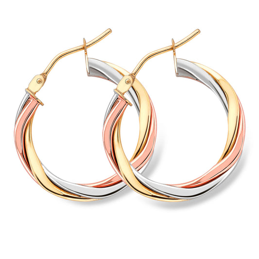 9ct 3 Colour Gold Russian Wedding Ring Twist Hoop Earrings 2mm - ERNR02525