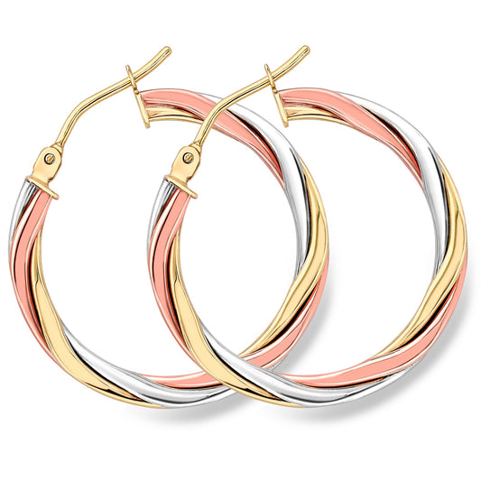 9ct 3 Colour Gold Russian Wedding Ring Twist Hoop Earrings 2mm - ERNR02526
