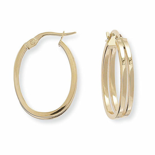 9ct Gold Split Square Tube Plain Oval Hoop Earrings 17mmx24mm - ERNR02592