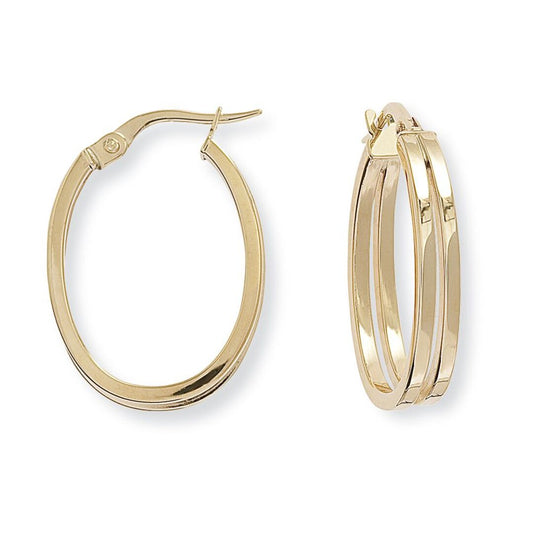 9ct Gold Split Square Tube Plain Oval Hoop Earrings 17mmx24mm - ERNR02592