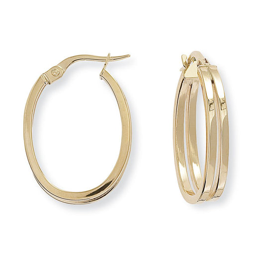 9ct Gold Split Square Tube Plain Oval Hoop Earrings 17mmx24mm - ERNR02592