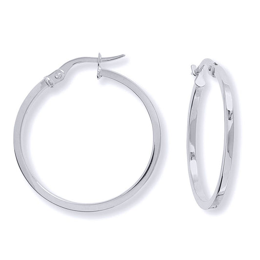 Ladies 9ct White Gold 1.5mm Square Tube Round Hoop Earrings 25mm - ERNR02670