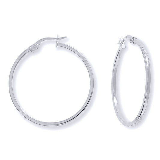 Ladies 9ct White Gold 1.5mm Square Tube Round Hoop Earrings 30mm - ERNR02671