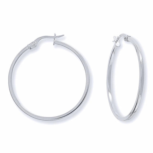 Ladies 9ct White Gold 1.5mm Square Tube Round Hoop Earrings 30mm - ERNR02671