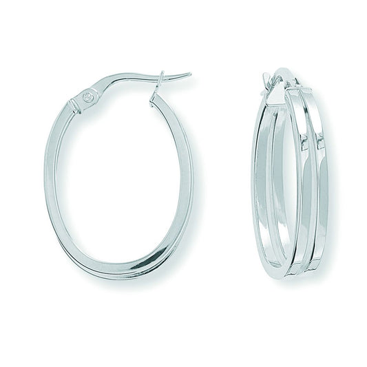 9ct White Gold Split Square Tube Plain Oval Hoop Earrings 17x24mm - ERNR02673