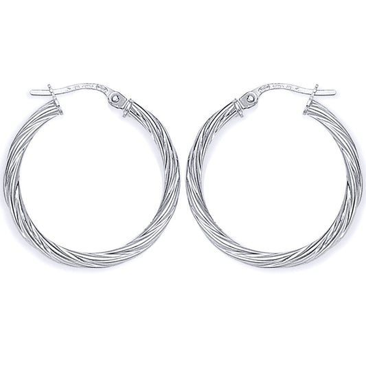 Ladies 9ct White Gold Rock Candy Twisted Hoop Earrings - 22mm - ERNR02818