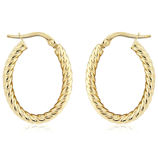 Ladies 9ct Gold Oval Twist Rope Hoop Earrings - 15x20mm - ERNR02846