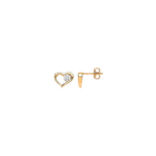 9ct Gold CZ Solitaire Open Love Heart Stud Earrings - G9E8013
