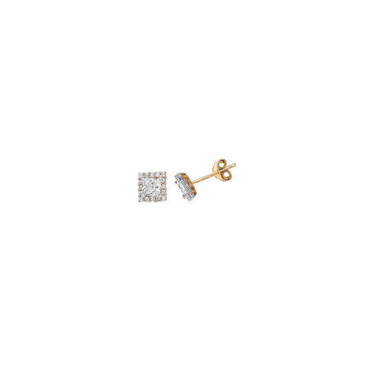 9ct Gold Princess CZ Solitaire Halo Stud Earrings - G9E8021