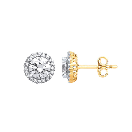 2-Colour 9ct Gold CZ Solitaire Halo Stud Earrings - G9E8065