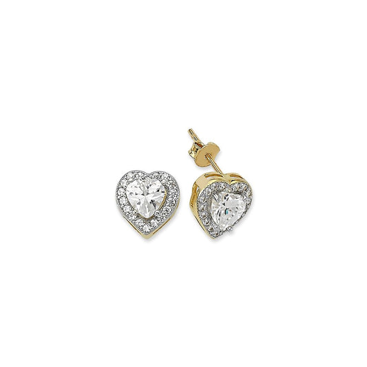 2-Colour 9ct Gold Heart CZ Heart Halo Solitaire Stud Earrings - G9E8075