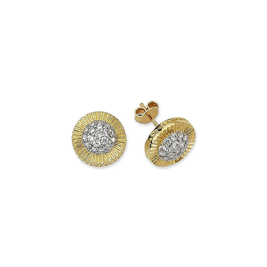 9ct Gold CZ Sunburst Fluted Halo Domed Cluster Stud Earrings - G9E8077