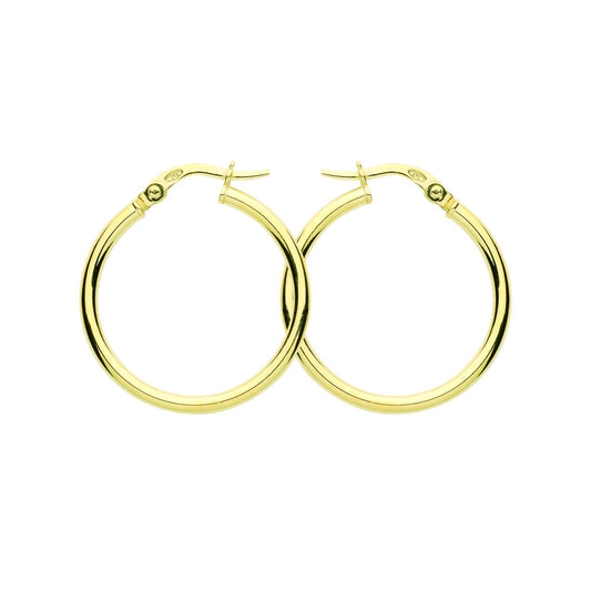 9ct Gold Plain Polished Round Tube Hoop Earrings 25mm 2mm - G9E8080