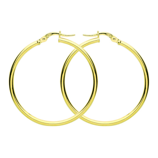 9ct Gold Plain Polished Round Tube Hoop Earrings 35mm 2mm - G9E8082