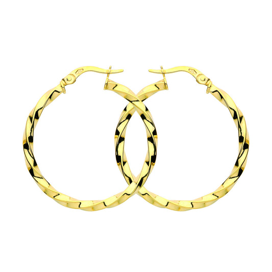9ct Gold Square Tube Twist Hoop Earrings 30mm 2.5mm - G9E8091