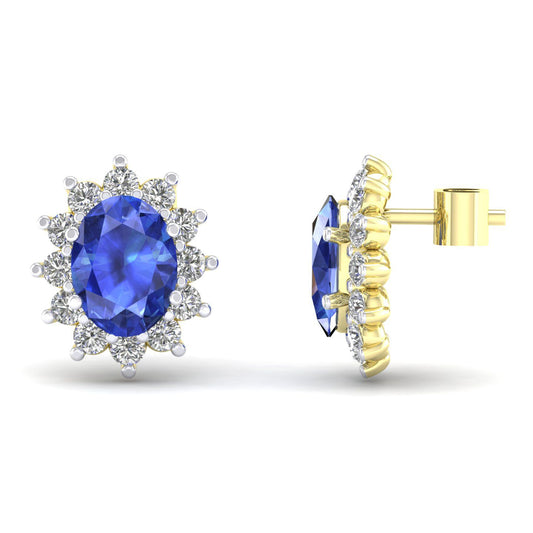 2-Colour 9ct Gold Blue Oval CZ Royal Cluster Stud Earrings - G9E8094SAP