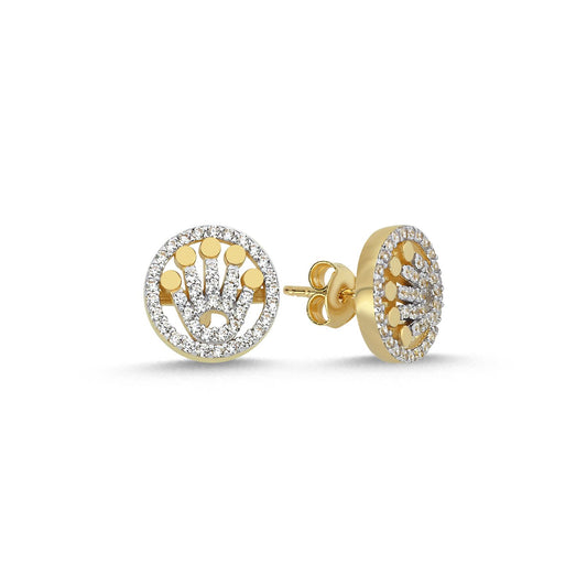 9ct Gold CZ Hamsa Crown Halo Stud Earrings - G9E8096