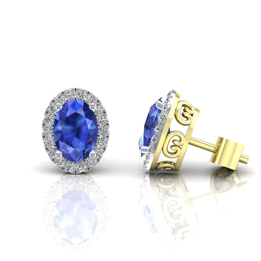 2-Colour 9ct Gold Blue Oval CZ Filigree Halo Stud Earrings - G9E8101SAP