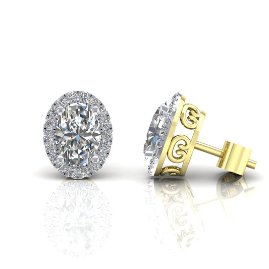 2-Colour 9ct Gold Oval CZ Filigree Gallery Halo Stud Earrings - G9E8101WH