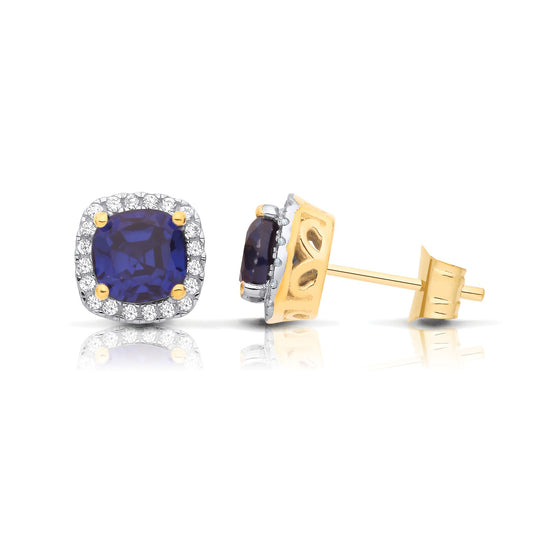 2-Colour 9ct Gold Blue Cushion CZ Filigree Halo Stud Earrings - G9E8102SP