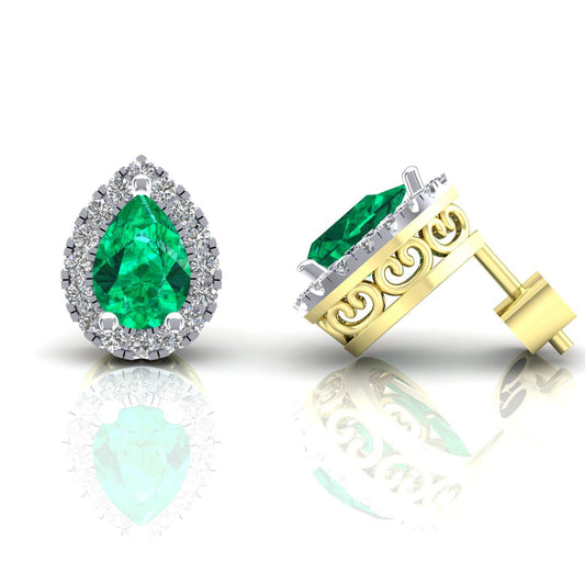 2-Colour 9ct Gold Green Pear CZ Filigree Halo Stud Earrings - G9E8104EM