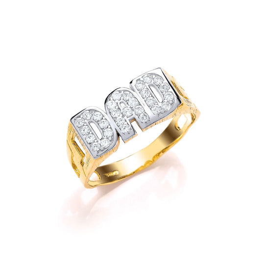 Mens 2-Colour 9ct Gold CZ Curb Link DAD Signet Ring - G9R8801