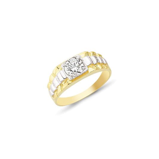 Mens 2-Colour 9ct Gold CZ Presidential Watch Strap Solitaire Ring - G9R8805